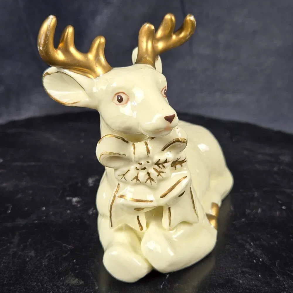 Vintage Ceramic Reindeer Figurine with Bow and Bells Cream Gold Accent Christmas